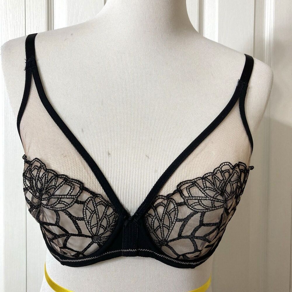 Simone Perele Bra 32D Underwire Black Lace Unlined Semi Sheer 12G319 Sexy - Picture 4 of 15